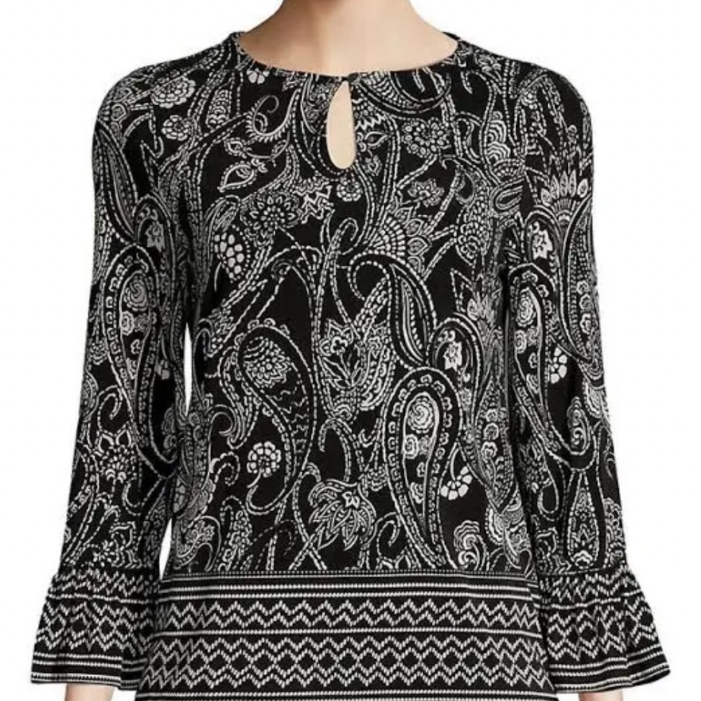 Kasper Black & Vanilla Ice Tunic Blouse | Ruffled 3/4 Bell Sleeves | Size 3X